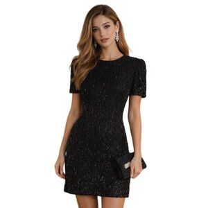 Scala Silk Vintage Sequin/Beaded Short-sleeve Cocktail Dress